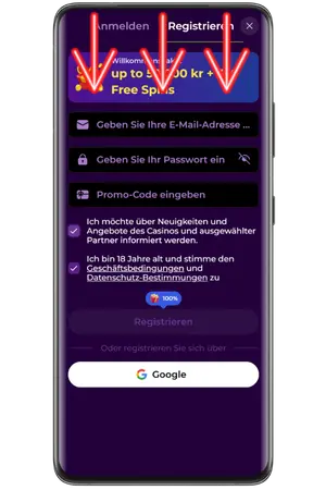 Geben Sie Ihre Daten für die Registrierung bei Spinmama online ein.